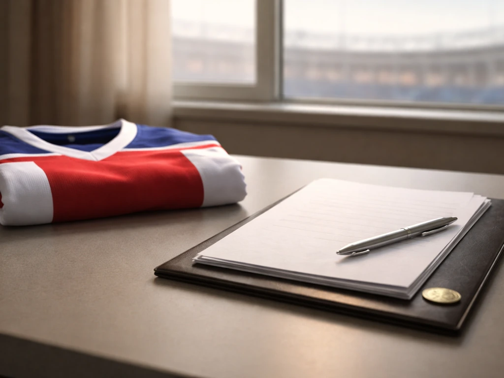 Minimal photo of a football jersey and contract papers on a desk, symbolizing club salaries and contracts.