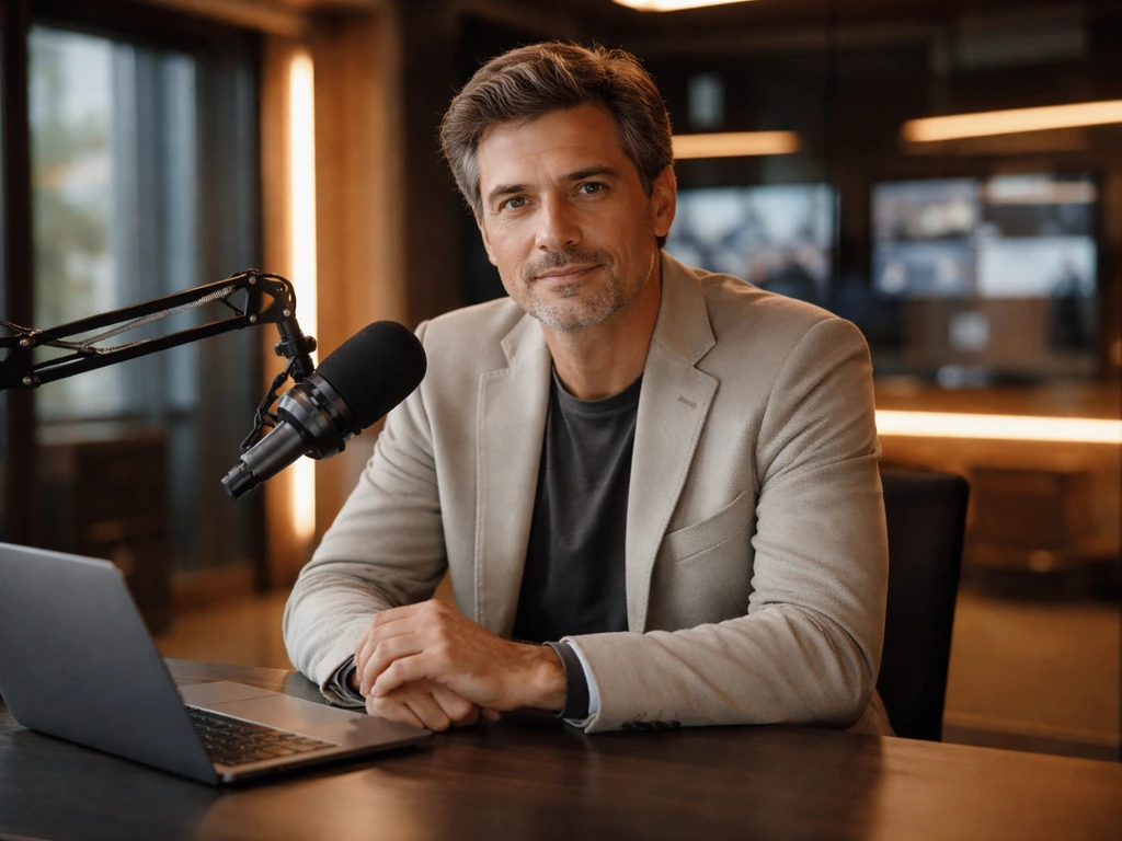 Anonymous media consultant at a modern streaming studio desk with microphone and laptop, evening natural light