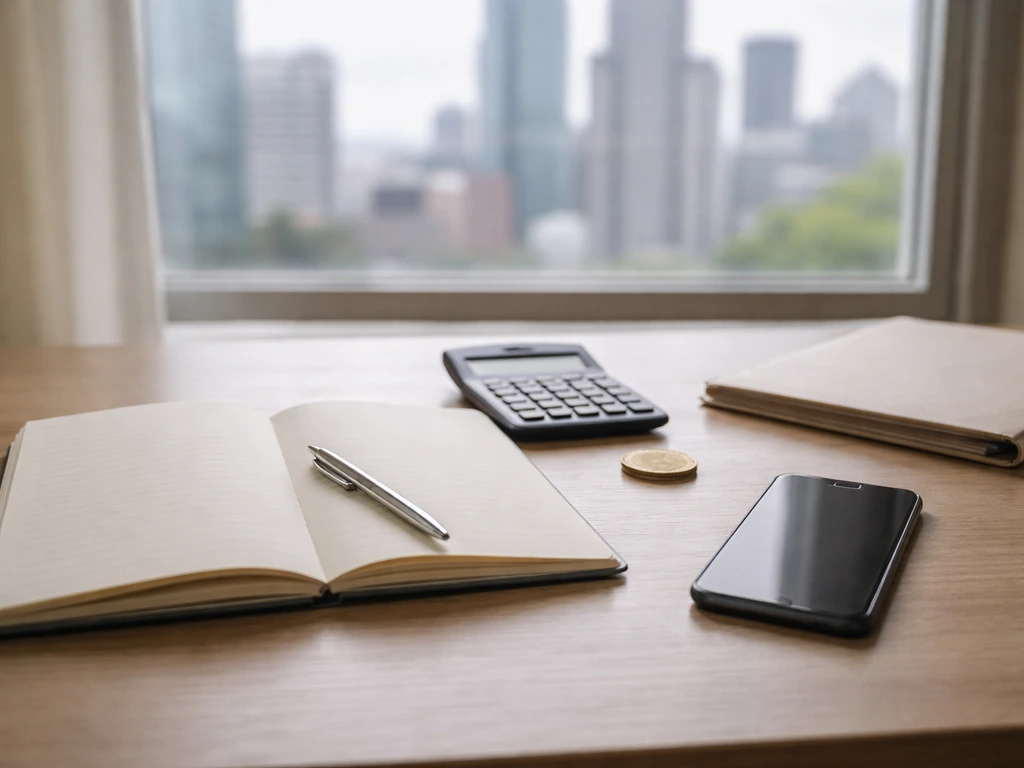 Minimal desk scene with calculator, blank notebook, coin, and blurred city window.