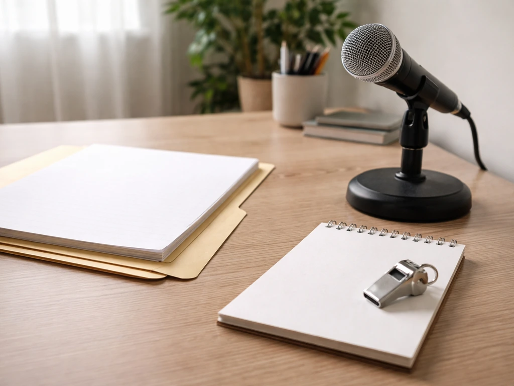 Minimal desk scene with contract folder and microphone, suggesting verifying athlete income through media and business.