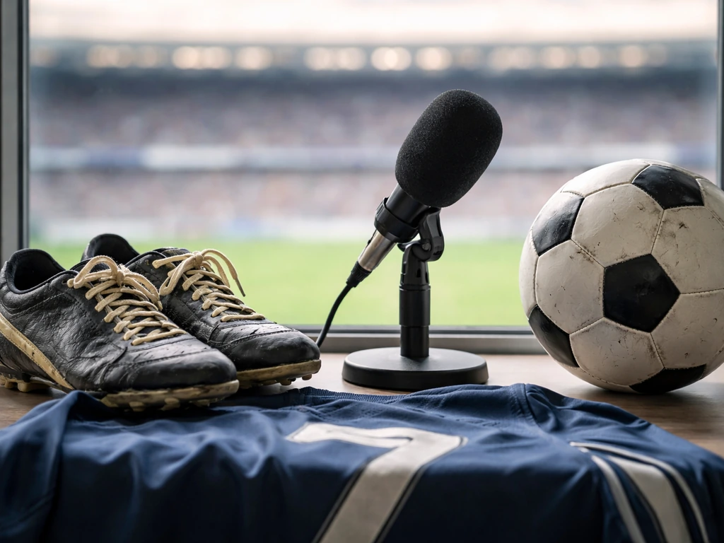 Football boots and jersey on a desk beside a microphone with a blurred stadium background.