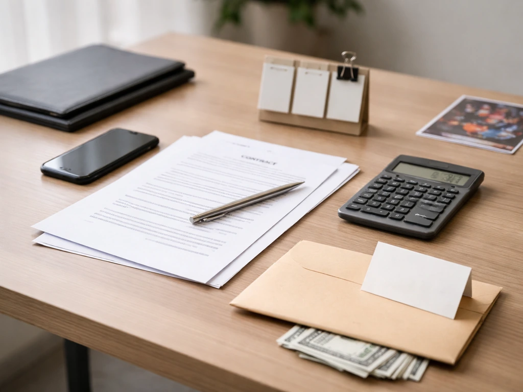 Close-up of a tidy finance desk with contract papers, calculator, and a small envelope—symbolic net worth breakdown