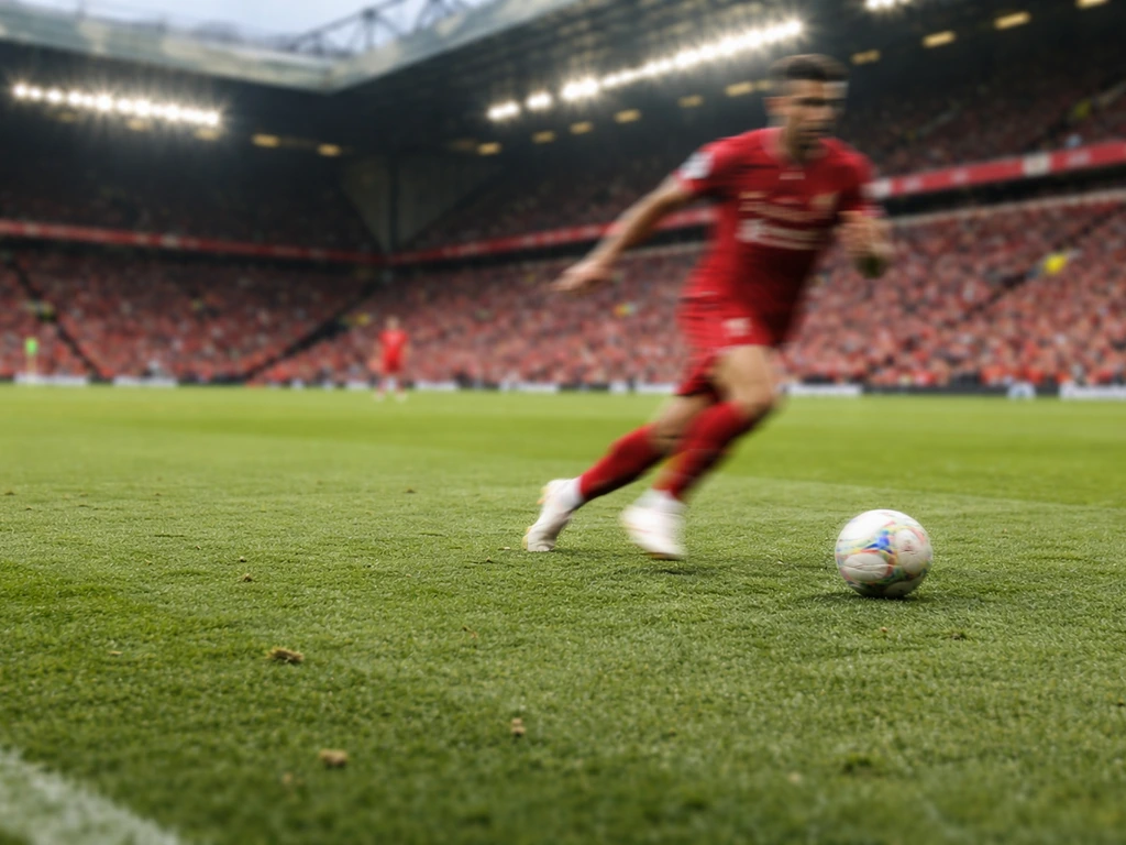 Anfield match scene with a Liverpool defender sprinting on the pitch in red, stadium stands softly blurred.