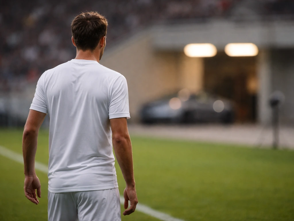 Anonymous football midfielder on a green pitch near the touchline with a softly blurred stadium behind