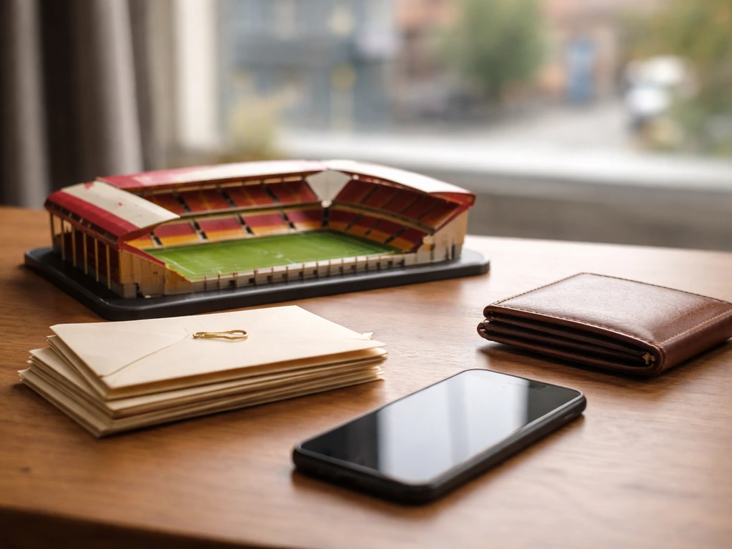 Minimal desk scene with muted red-gold stadium model, envelopes, and wallet symbolizing club-by-club earnings.