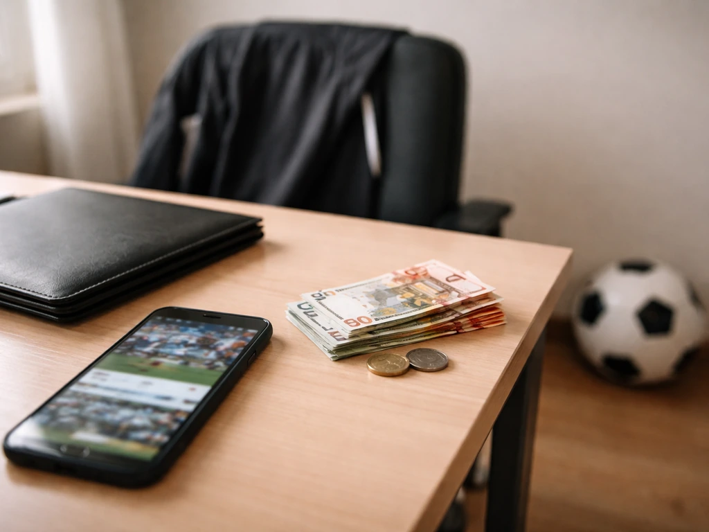 Minimal photo of a sports-themed office desk with a smartphone and cash to suggest a major transfer payment.