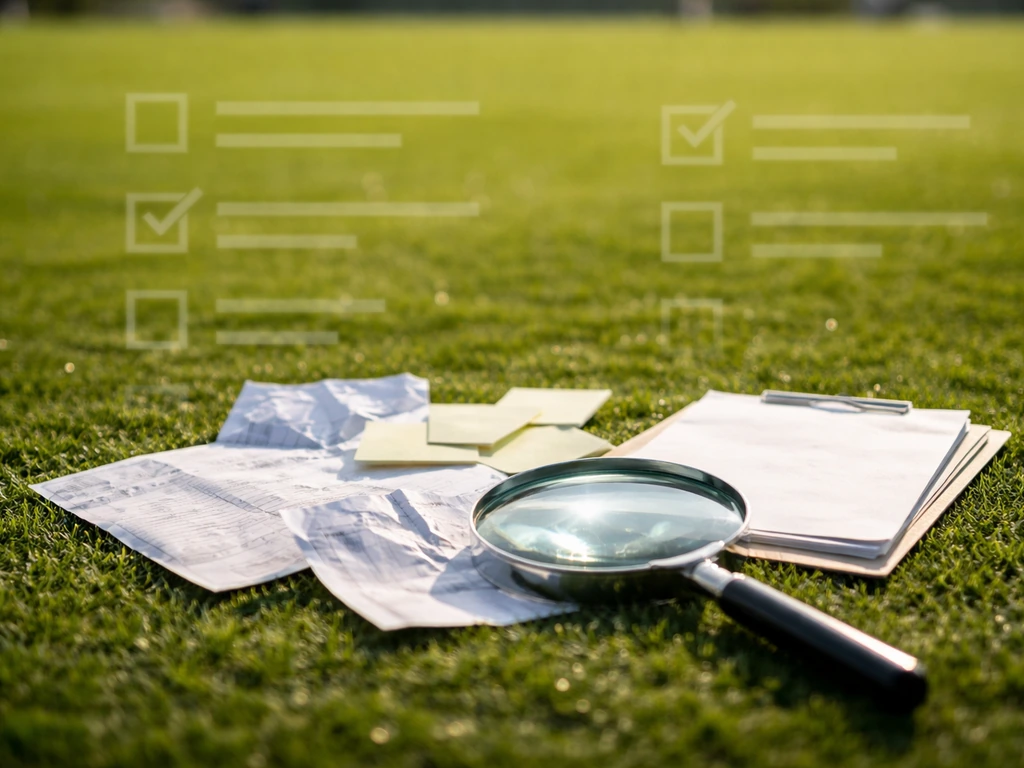 Magnifying glass over a soccer field with scattered credibility markers suggesting verification of net worth estimates
