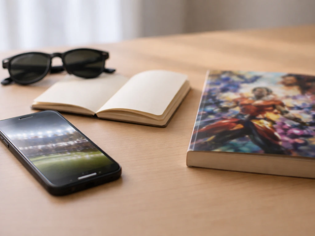 Minimal split-style scene showing ambiguous finance and media clues: a phone desk with a notebook and a blurred book cov