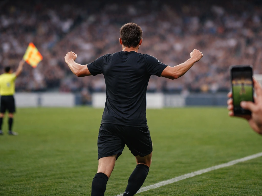 Soccer player celebrates a goal on the field, stadium blurred behind, media attention implied by a nearby phone.