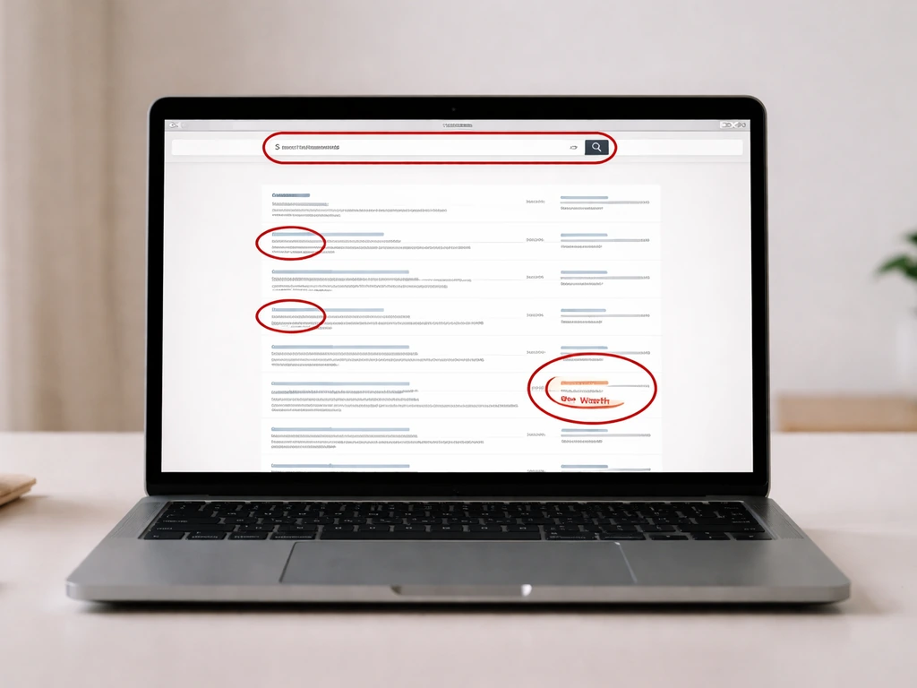 Minimal photo of a laptop with a sports reference site search bar and a results list highlighted by red circles