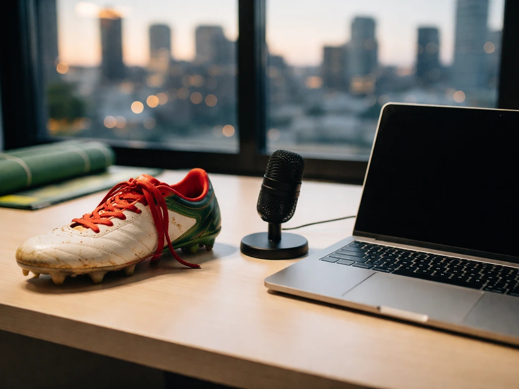 Anonymous football boot on a desk with laptop and microphone, city skyline blurred—money and media analysis mood.