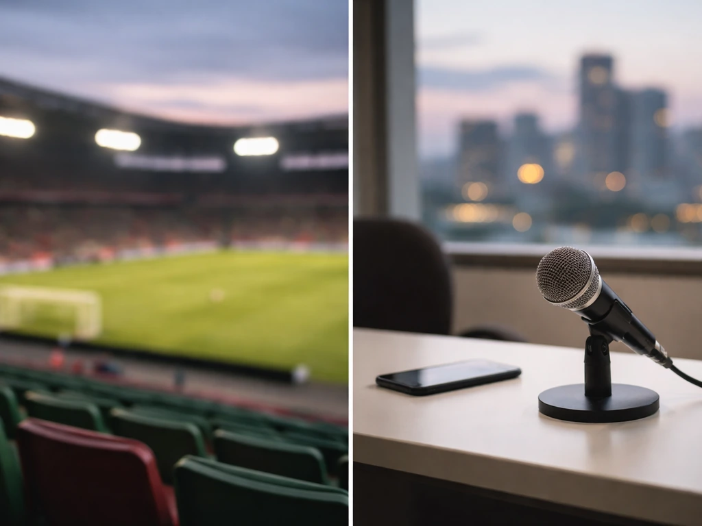 Split scene: distant football stadium left and media desk with microphone right, no people or text.