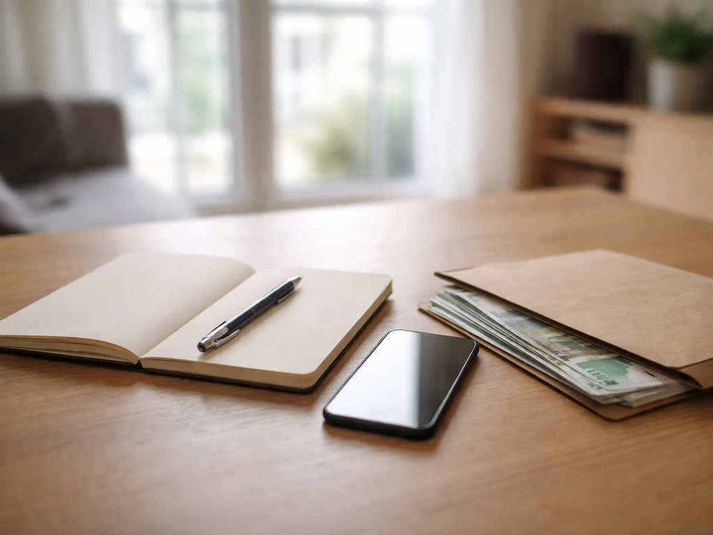 Minimal office scene with a smartphone, notebook, and cash as symbolic career-earnings inputs