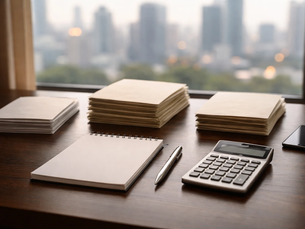 Minimal desk scene with stacked envelopes and a smartphone beside a calculator, suggesting financial estimate buildup