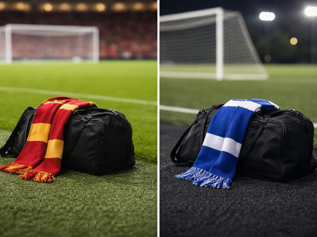 Composite of Arsenal and Chelsea training gear on separate pitch settings with red vs blue scarves, no logos.