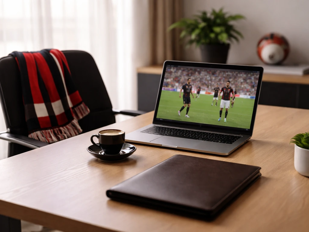 Minimal Milan sports office desk with football memorabilia and an open laptop, no people present.