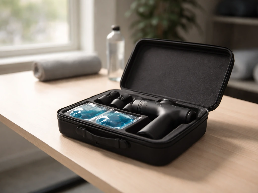 Sports recovery kit on a desk with massage device and gel packs in a minimal studio setting.