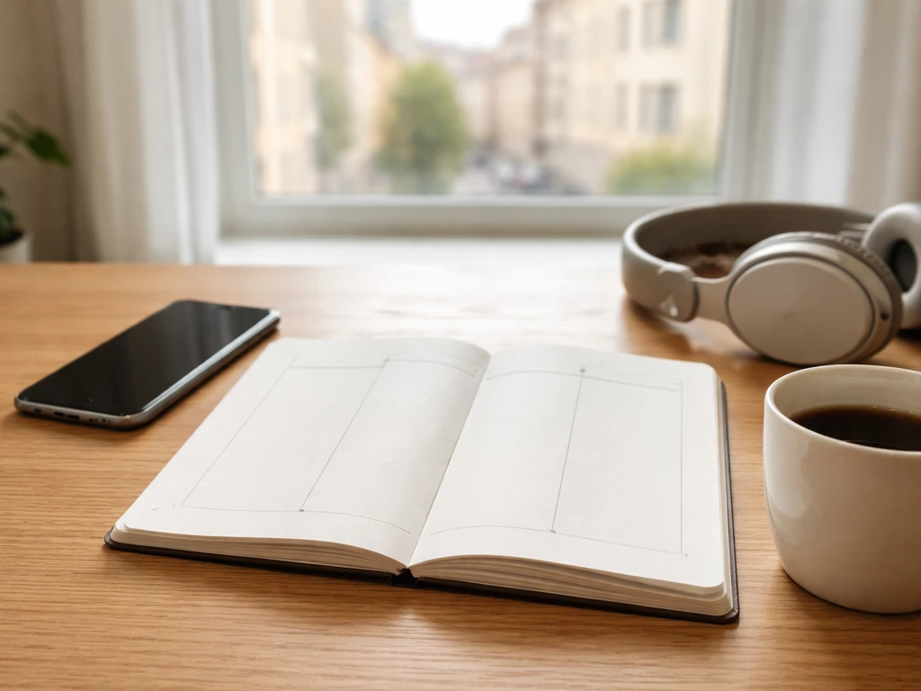 Minimal desk scene with a smartphone, coffee, and a notebook implying a football career timeline progression.