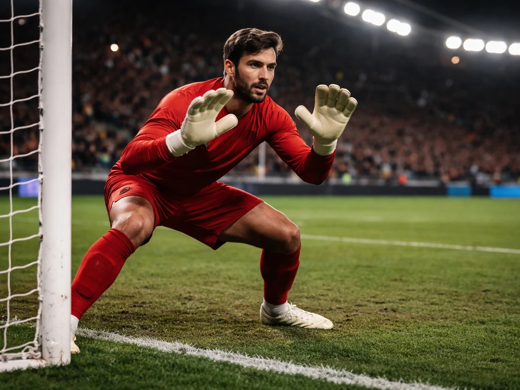 A goalkeeper in a red Liverpool-style kit ready in front of the goal with the net and turf visible.