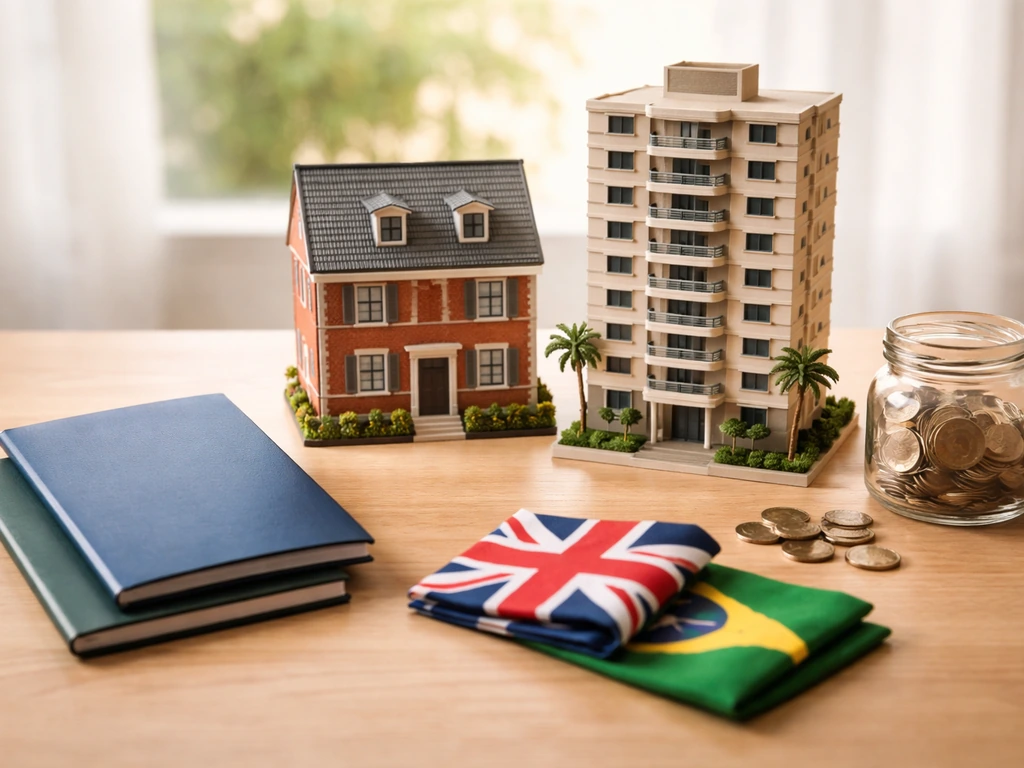 Minimal tabletop scene with generic UK/Brazil property models, coins, and folded flags suggesting investments.