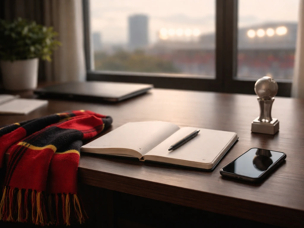 Manchester United–themed office desk with soccer scarf, modern phone, and trophy-like keepsake in soft light