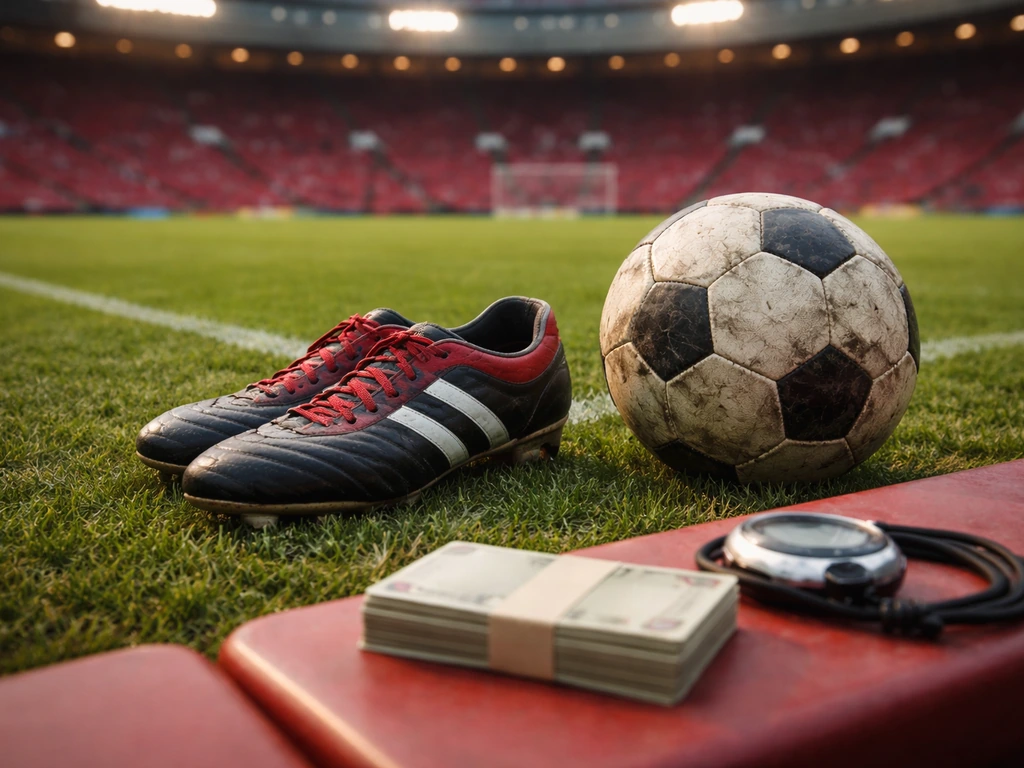 Manchester United match-era scene with a football at midfield and a faint stadium backdrop, evoking player earnings cont