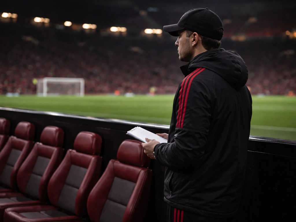 Anonymous football coach in a Manchester United-style dugout at Old Trafford, matchday lights behind
