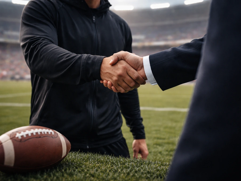 A branded sports sponsor handshake vibe with a football and media backdrop, suggesting endorsements and other income