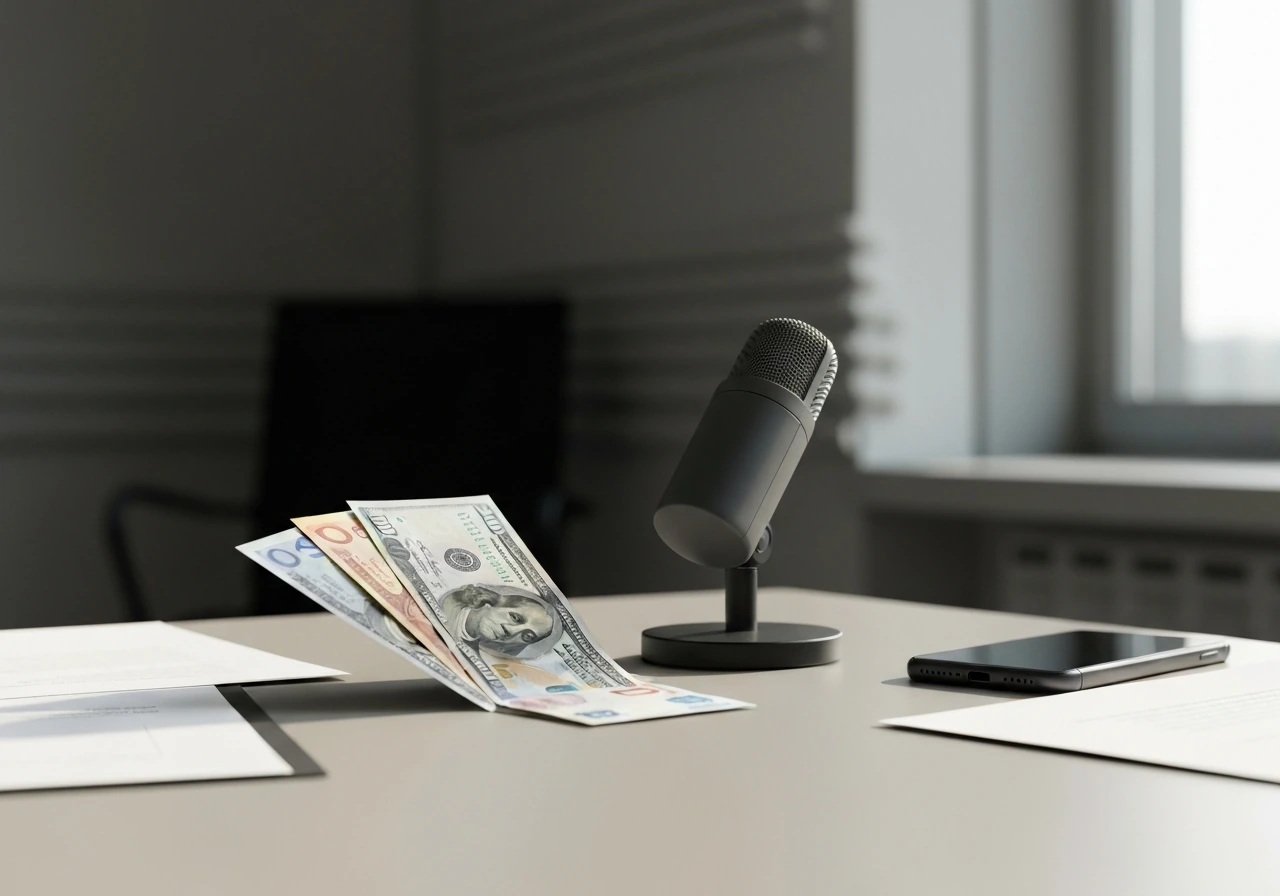 Faded currency notes on a desk beside a video mic, suggesting conflicting net worth sources