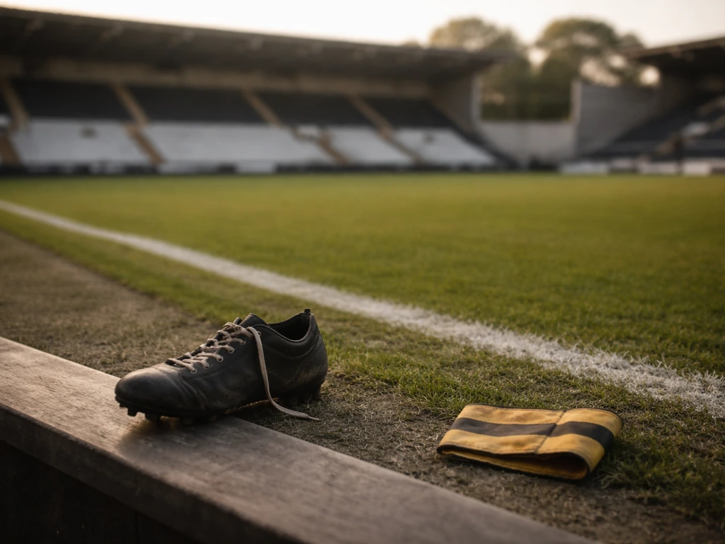 Empty football pitch with a boot and folded armband near a bench, symbolizing a retired career.