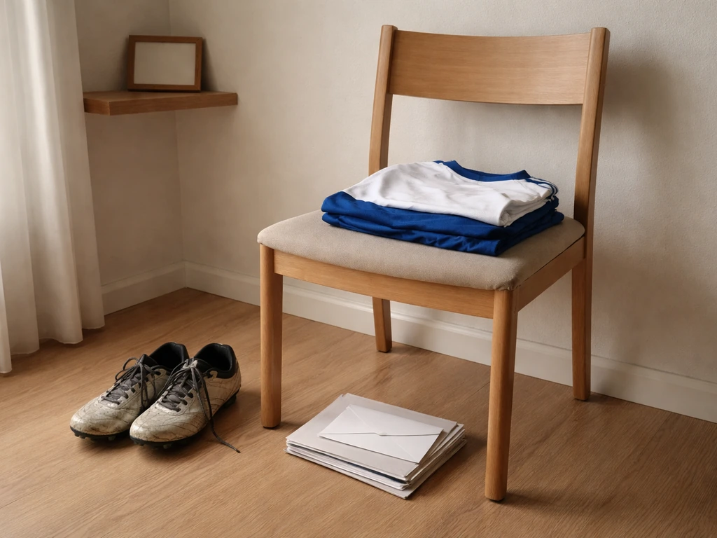 Folded football training kit and worn cleats in a quiet room, suggesting retirement and income transition.