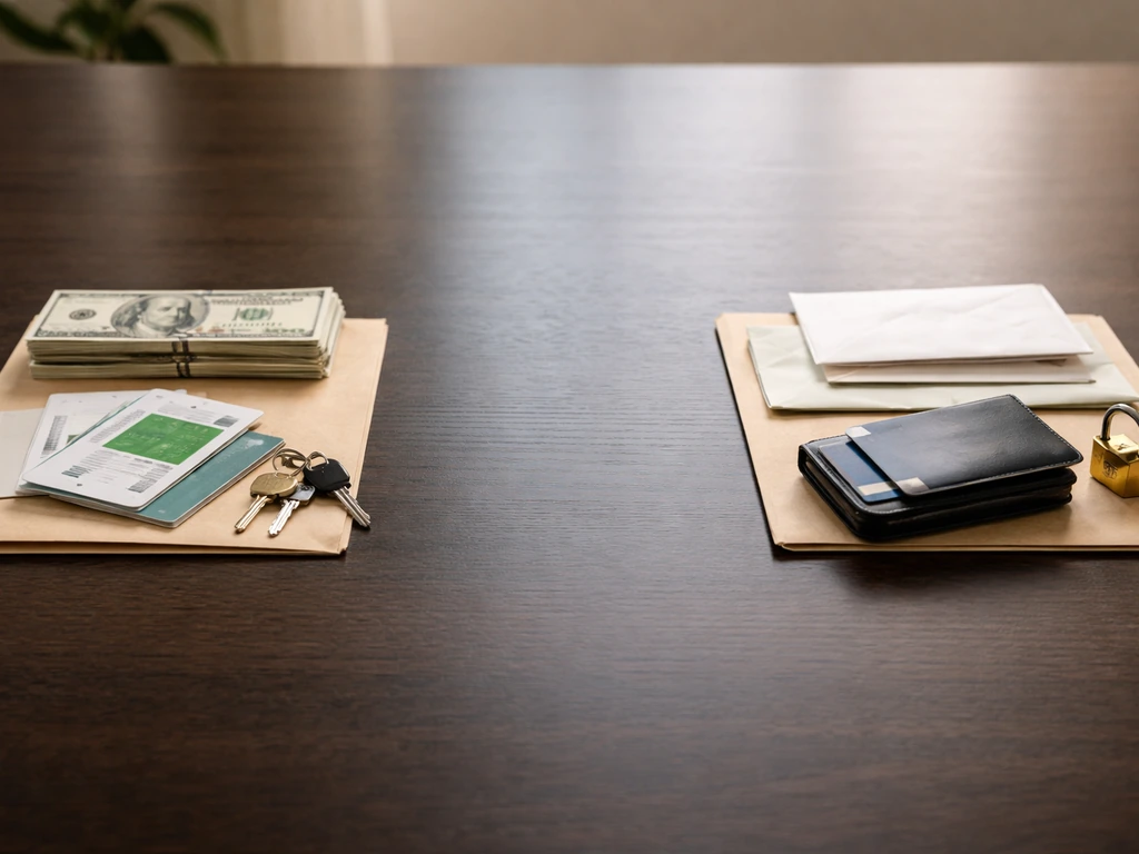 Minimal split desk scene showing assets on one side and debts on the other with money and envelopes.