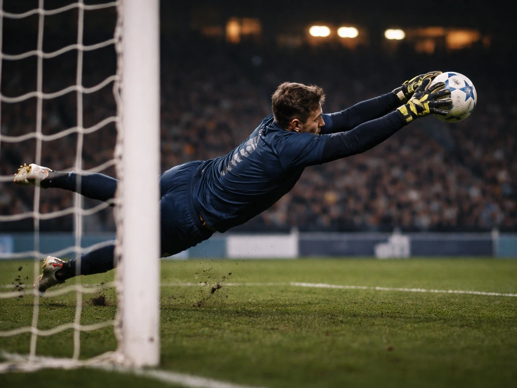 Anonymous goalkeeper in blue kit making a save on a soccer pitch with goal net and blurred stadium.