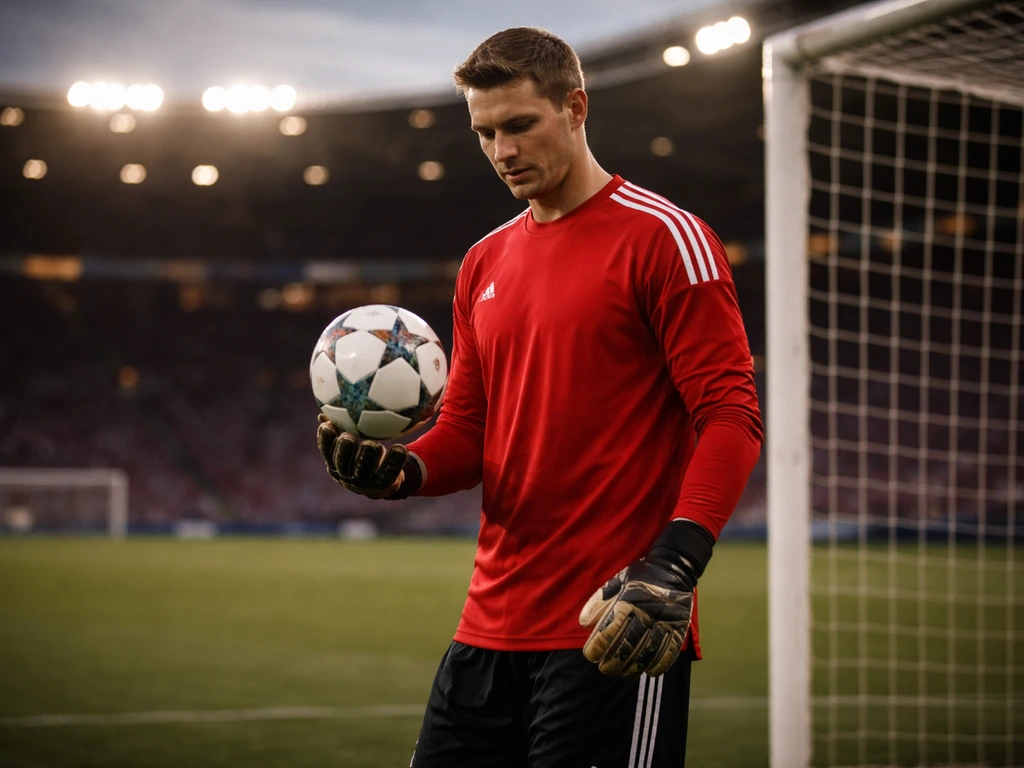 Manuel Neuer in Bayern Munich kit during a match-day scene, warming up on the pitch at dusk.
