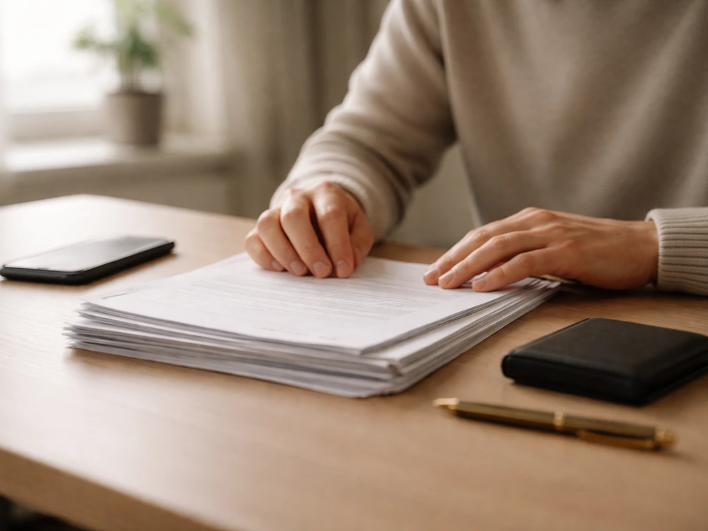 Person in a quiet office reviewing financial papers beside a smartphone and gold-toned pen