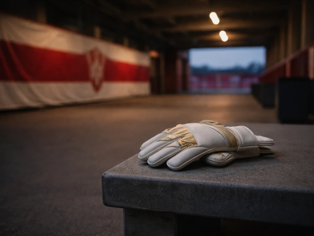 Empty soccer stadium at dusk with a crisp Bayern-like banner backdrop, suggesting recent contract news.
