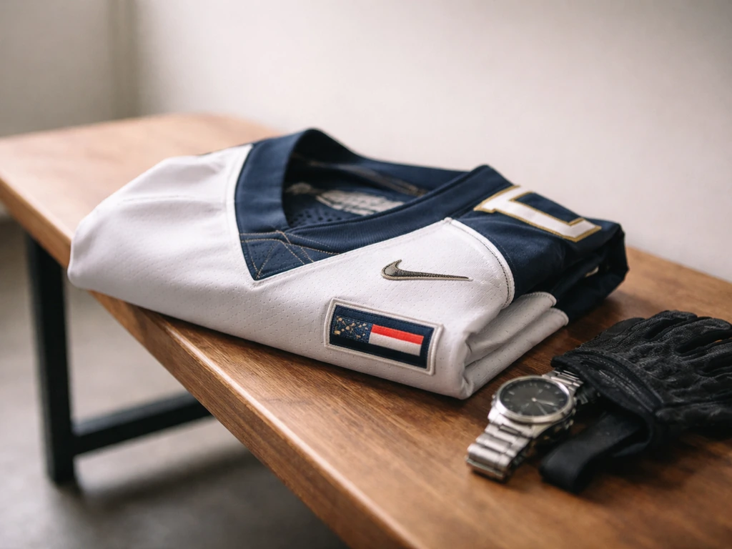 Close-up of a folded football jersey with sponsor-style patches, gloves, and a watch on a bench.