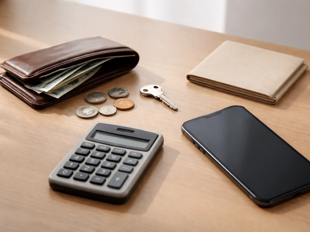 Minimal desk scene with wallet, coins, banknotes, calculator, and calculator-like objects symbolizing wealth estimates.