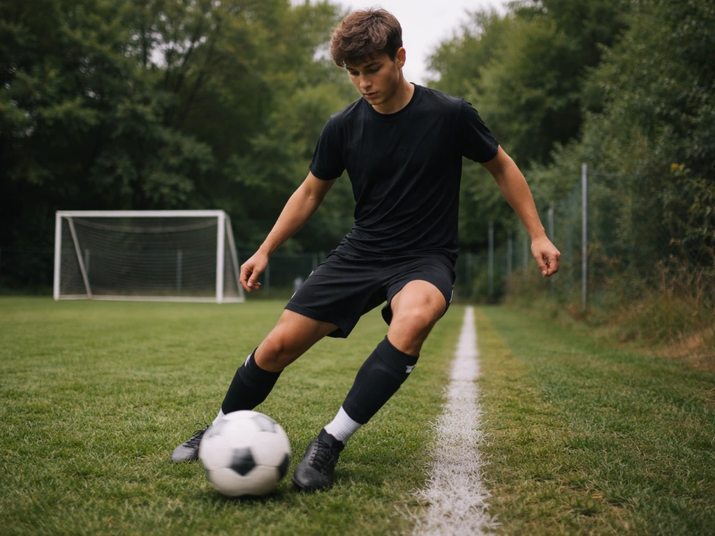 Anonymous young footballer controlling a ball during outdoor training on a small grass pitch.