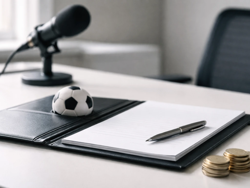Minimal photo of a football contract folder beside coins and a studio microphone, symbolizing salary, bonuses, endorseme