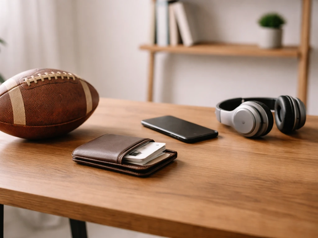 Minimal desk scene with a football, wallet, and phone—symbolizing football earnings and endorsements.