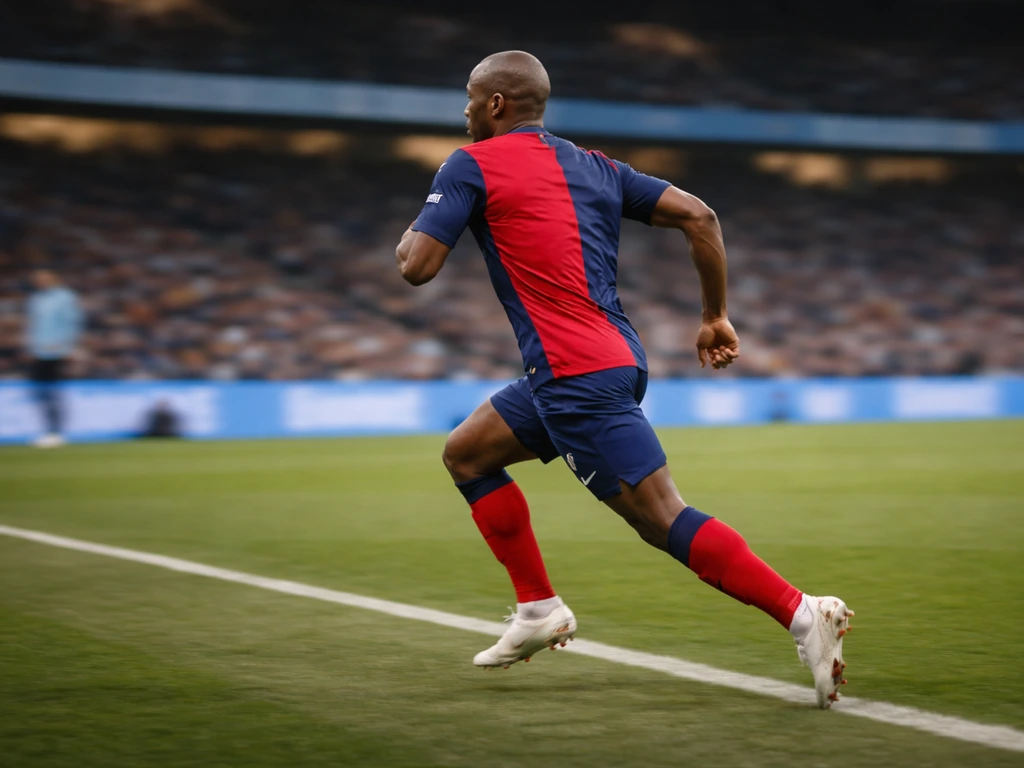 Anon City midfielder sprinting near the touchline in a softly blurred matchday stadium scene.