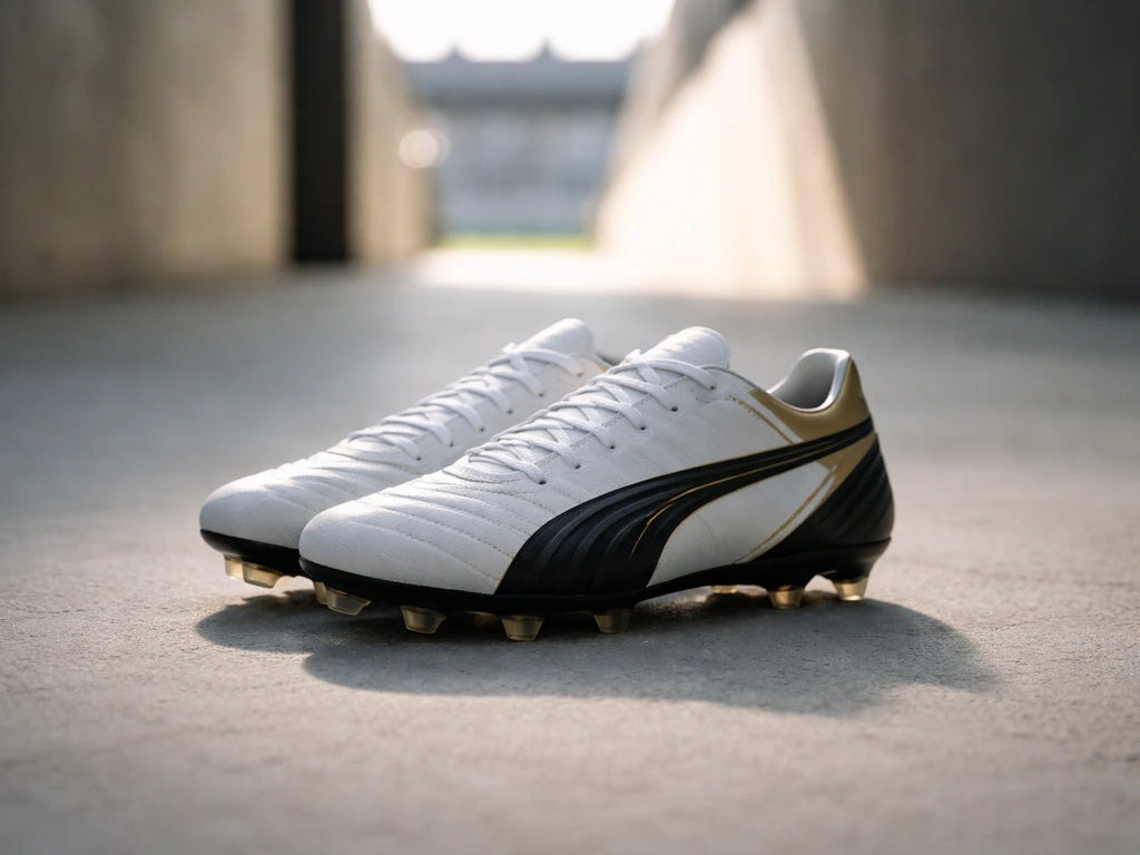 Close-up of branded soccer boots on a clean floor, hinting at a Puma sponsorship theme.