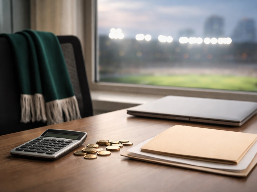 Minimal photo of a football club finance topic: anonymous office desk with calculator and coins, no text.