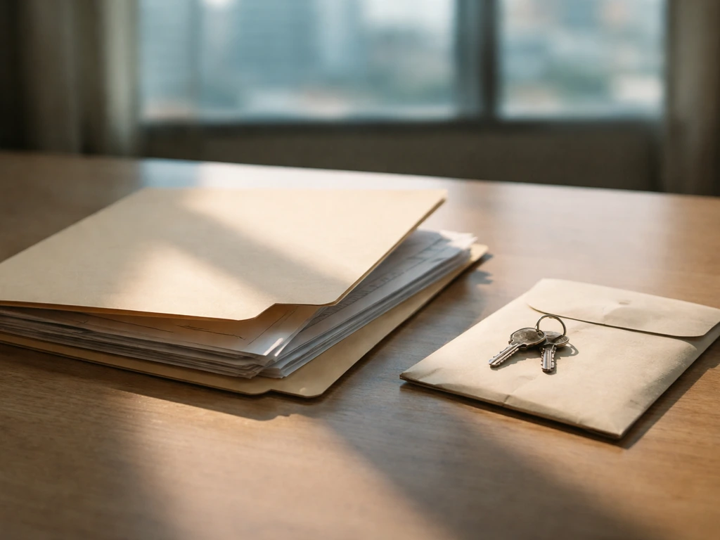 A worn folder labeled with finance documents next to a cash envelope and a dark bar-like shadow on a desk.