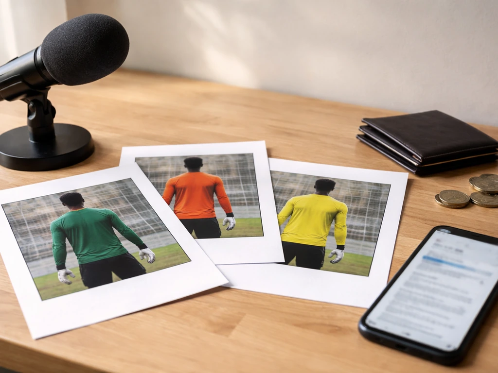 Sports media desk with microphone, blurred phone screen, generic goalkeeper silhouettes, and coins.