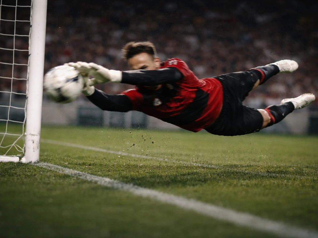 Anonymous football goalkeeper in a Flamengo kit making a save during a match at a packed stadium