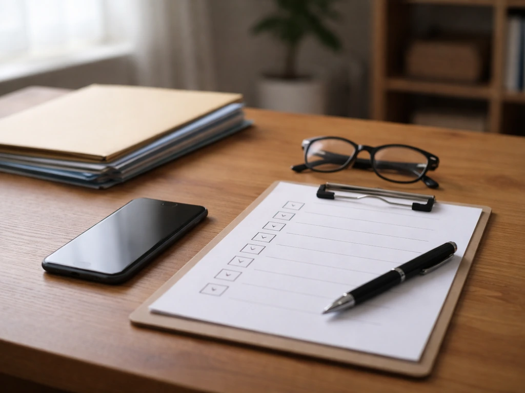 Minimal desk scene with a smartphone showing a blank notes page and scattered paperwork indicating missing endorsements