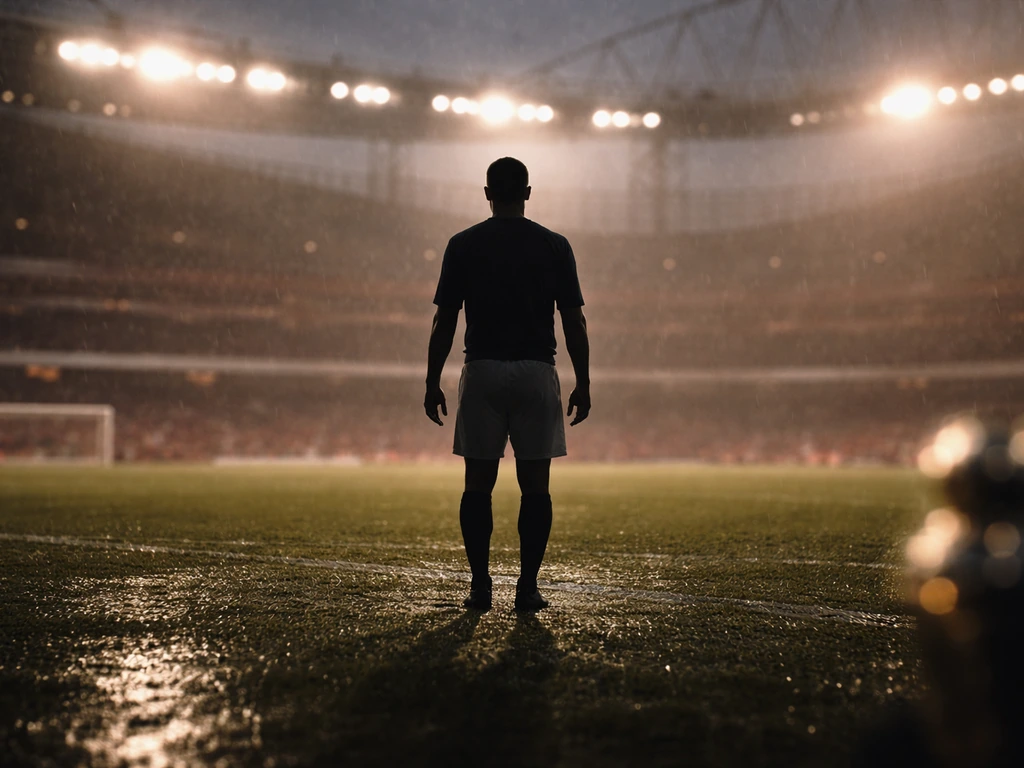 Vintage football scene: a central midfield player silhouette on a rainy London pitch near a trophy-like corner