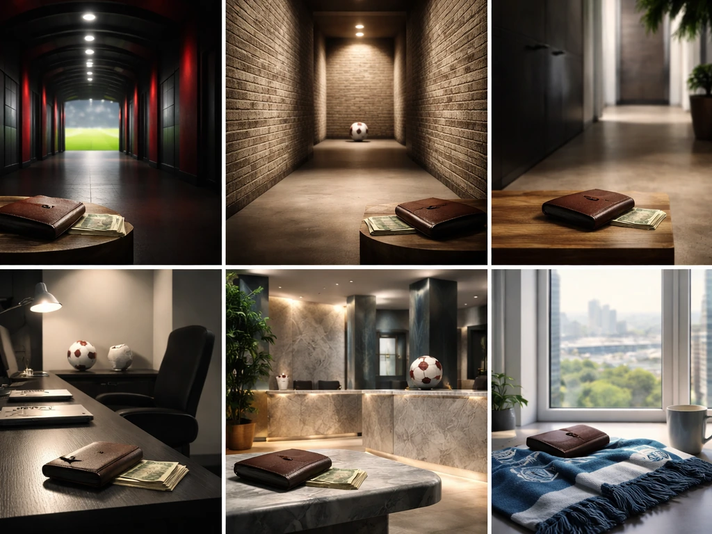 Minimal five-panel collage of football club career cues and symbolic money props, no person shown.